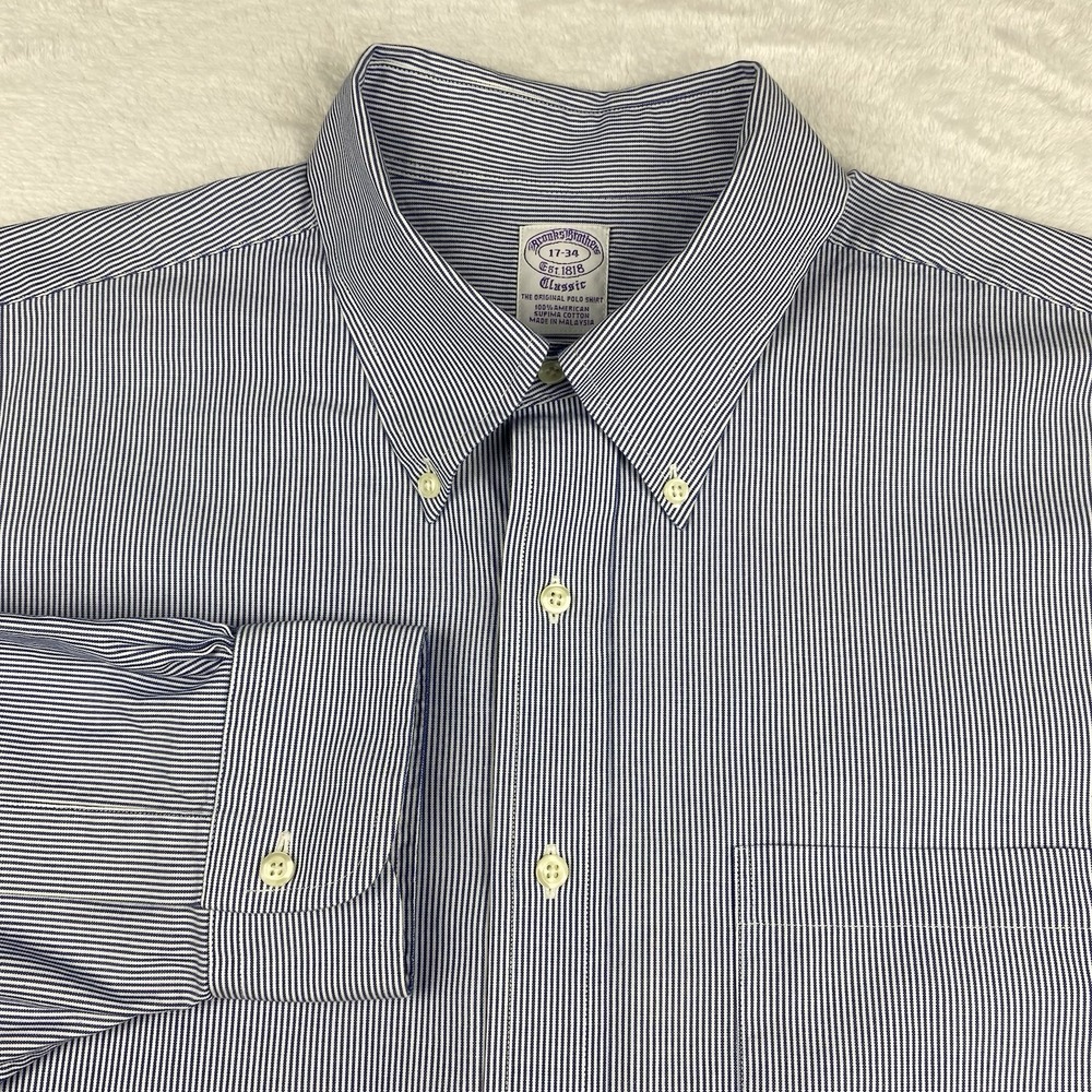 Brooks Brothers Shirt Mens 17-34 Blue/White Stripes Classic Fit Purple Label